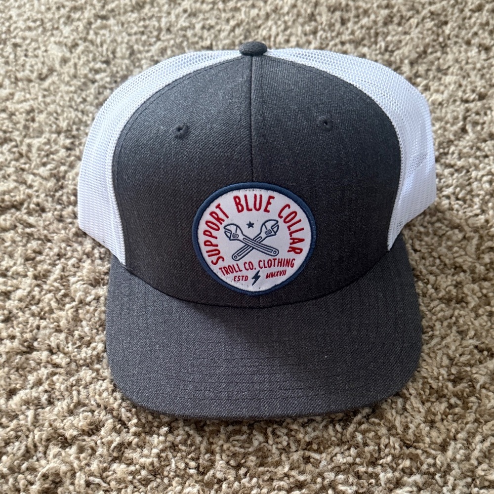 'Support Blue Collar' Gray & White Mesh Trucker Hat